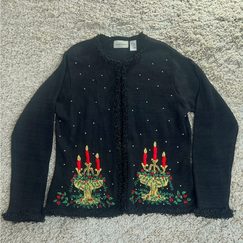 Lemon Grass Black Christmas Sweater with Candle Design